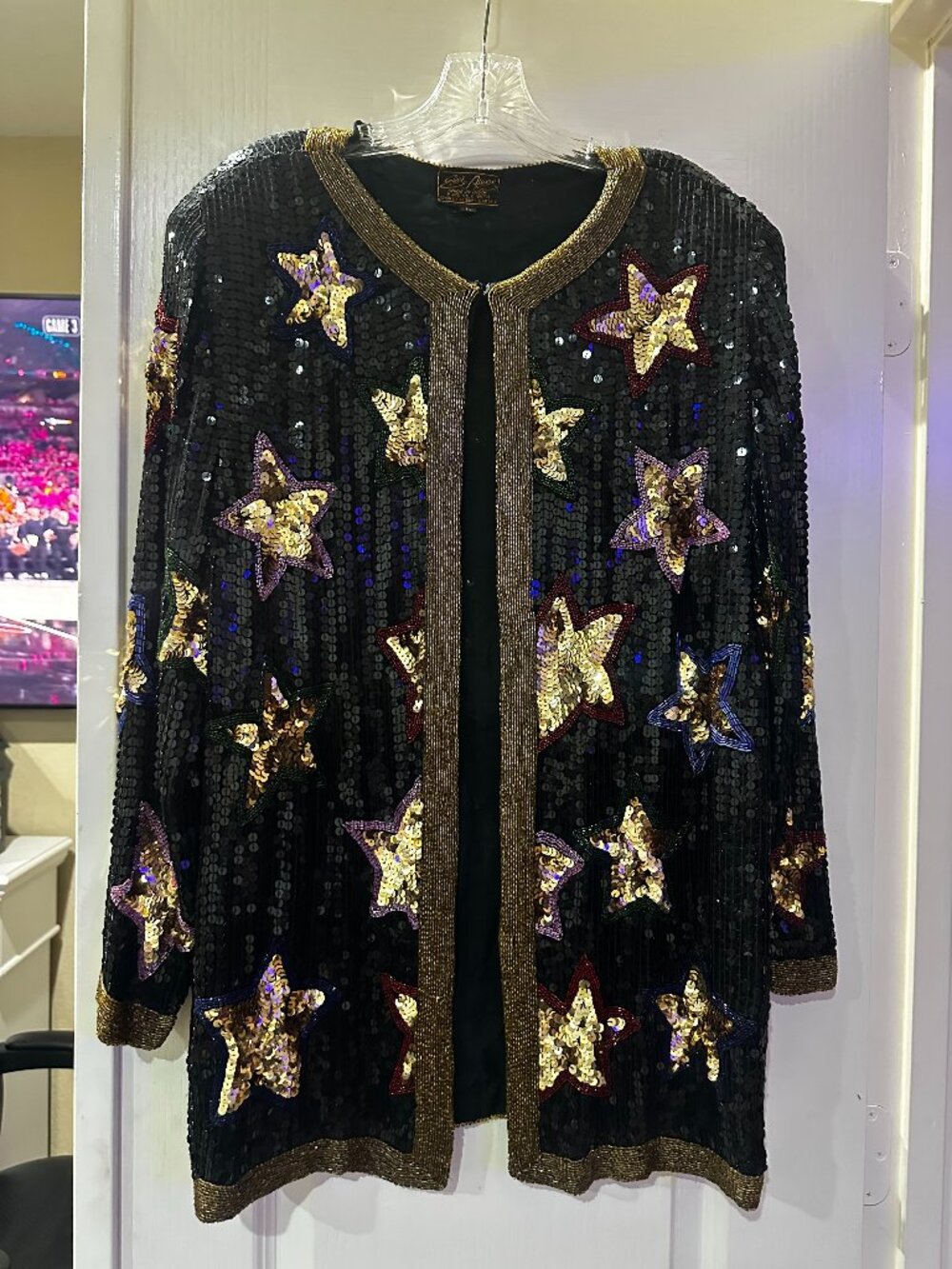Vintage Gigi Young Silk Sequin Star Jacket Black Gold Beaded Evening Cardigan-L